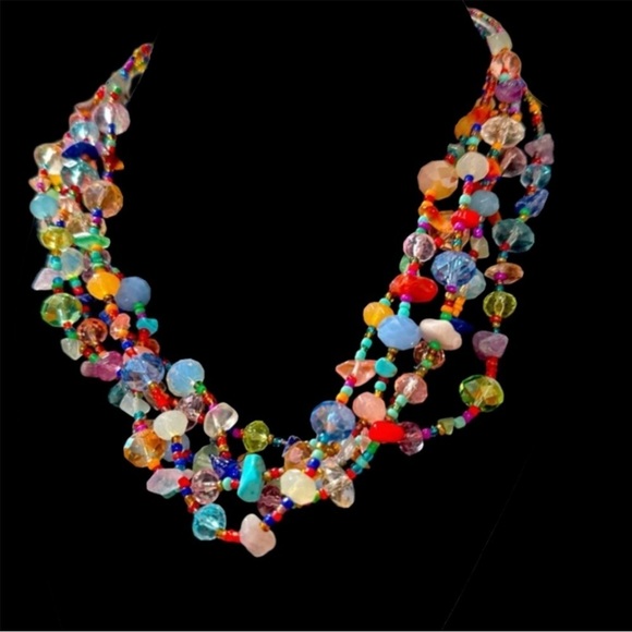 Multicolor 5 Strand Beaded Gemstone & Glass Beads Chocker Necklace Vibrant - Picture 3 of 16